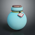 Blue Spherical Container with Brown Top Lid Yellow Rope and Red Tag 3d model