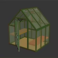 Green Frame Glass Greenhouse With Open Door And Wooden Benches Interior