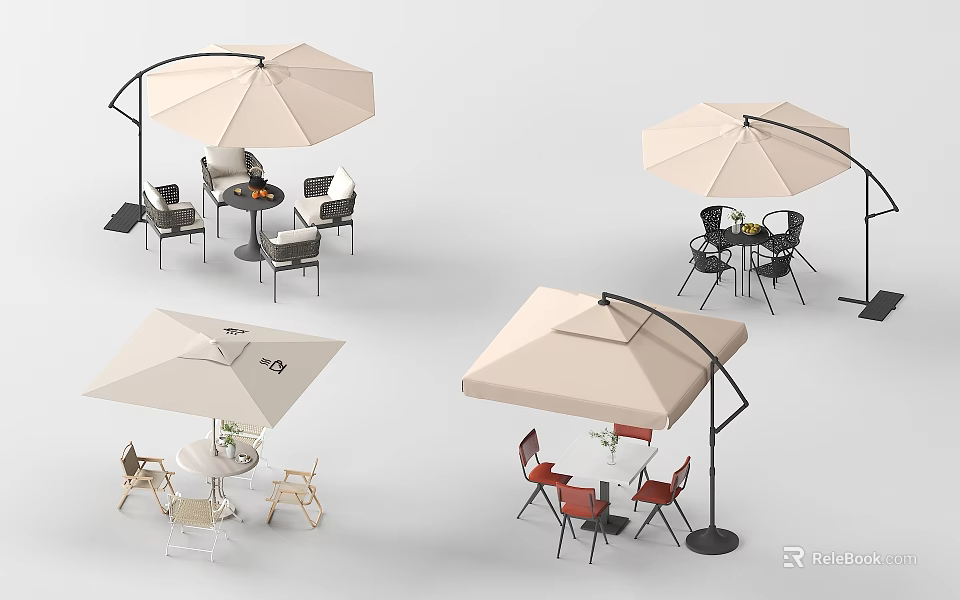 Outdoor Table with Beige Umbrella and Various Chairs for Garden Patio Casual Seating 3d model 