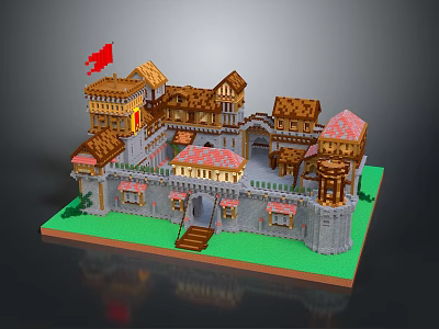 Creative Building Blocks Castle Model With Towers Colored Roofs Red Flag And Green Base 3d model
