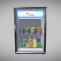 Blue Glass Door Display Refrigerator with Illuminated Top Sign and Inside Canned Boxed Foods