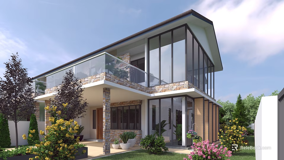 Modern Two Story Detached Villa Exterior With Large Glass Windows Balcony Stone Wood And Flowers 3d model 