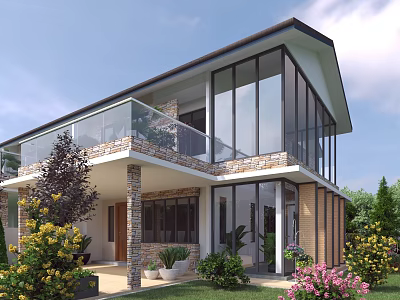 Modern Two Story Detached Villa Exterior With Large Glass Windows Balcony Stone Wood And Flowers 3d model