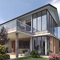 Modern Two Story Detached Villa Exterior With Large Glass Windows Balcony Stone Wood And Flowers