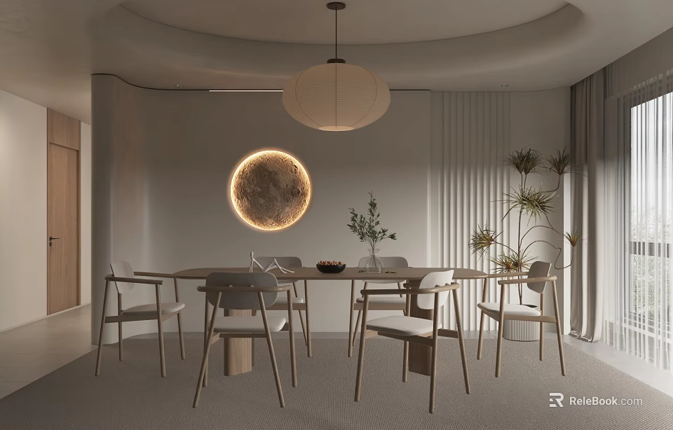 Modern Minimalist Dining Room With Round Table Chairs Pendant Light Circular Decor And Plants 3d model 