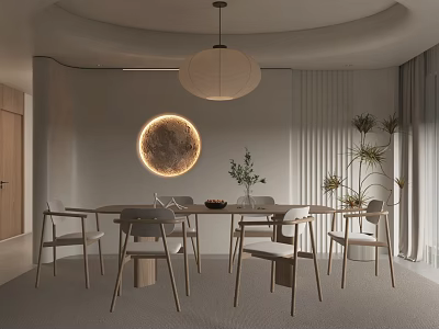 Modern Minimalist Dining Room With Round Table Chairs Pendant Light Circular Decor And Plants 3d model