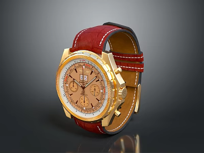 Red Crocodile Leather Strap Watch With Gold Case And White Gold Chronograph Dial 3d model