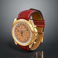 Red Crocodile Leather Strap Watch With Gold Case And White Gold Chronograph Dial