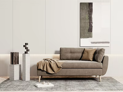 Grey Chaise Lounge With Brown Pillows And Modern Decorative Sculpture On Grey Textured Rug 3d model