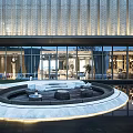 Modern Garden Landscape With Circular Seating Area Reflective Pool And Luminous Lighting
