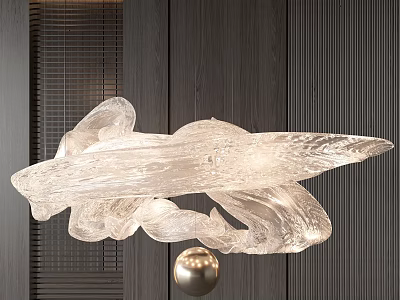Clear Flowing Glass Chandelier With Fluid Shape And Metallic Ball Against Dark Wall 3d model