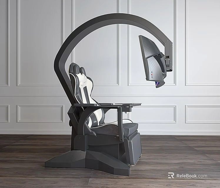 Modern Gaming Recliner Chair With Curved Frame Attached Monitor Black And White Upholstery 3d model 