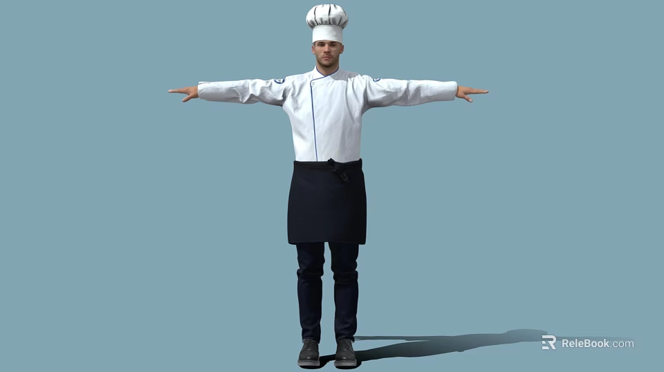 Man In Chef Uniform With White Hat Standing With Arms Outstretched 3d model 
