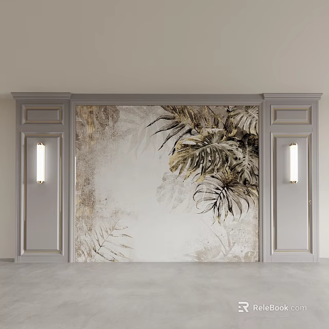 Elegant Wall Design With Tropical Plant Patterns And Decorative Frames With Wall Lamps 3d model 