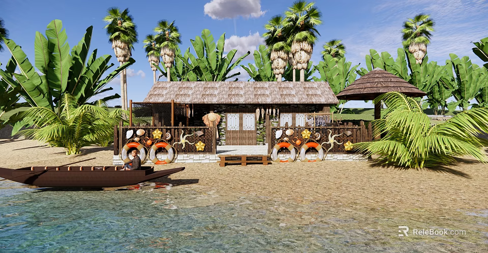 Tropical Beach Hut With Thatched Roof Palm Trees And Waterfront View 3d model 