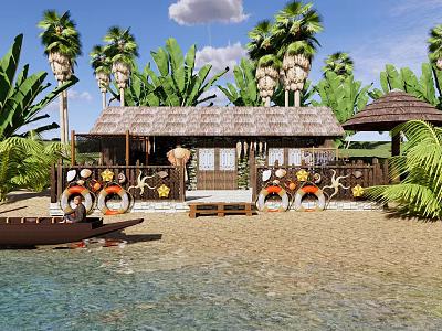 Tropical Beach Hut With Thatched Roof Palm Trees And Waterfront View 3d model