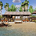 Tropical Beach Hut With Thatched Roof Palm Trees And Waterfront View