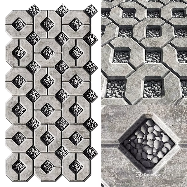 Garden Decorative Paving With Geometric Patterns Hexagonal And Square Stone Slabs Inlaid With Pebbles 3d model 