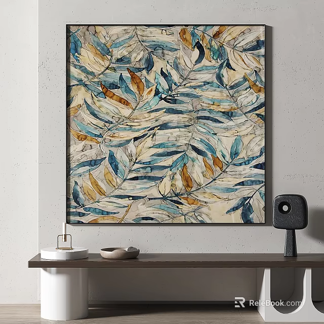 Blue Yellow Brown Leaf Pattern Decorative Painting On Wall With Small Table Items 3d model
