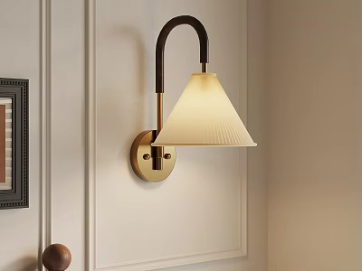Modern Wall Lamp With Curved Metal Arm And White Fabric Shade Mounted On Beige Wall 3d model