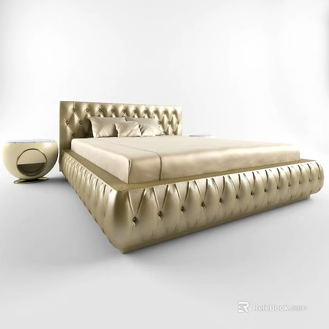 Luxurious Gold Tufted Double Bed With Upholstered Headboard And Round Side Table 3d model 