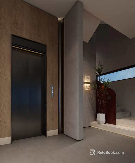 Modern Elevator Hallway Interior With Wooden Wall Gray Wall Panel Wall Light And Green Plant 3d model 