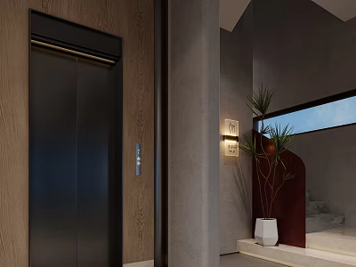 Modern Elevator Hallway Interior With Wooden Wall Gray Wall Panel Wall Light And Green Plant 3d model