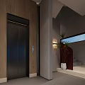 Modern Elevator Hallway Interior With Wooden Wall Gray Wall Panel Wall Light And Green Plant