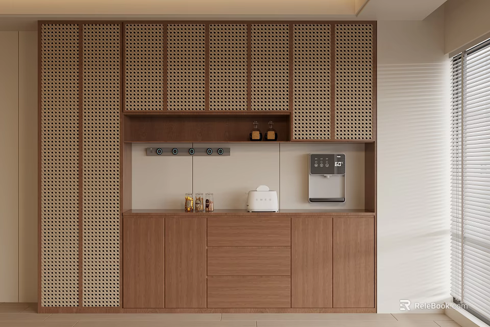 Modern Walnut Sideboard With Lattice Doors Lower Cabinets And Countertop Coffee Machine 3d model 
