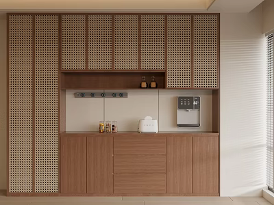 Modern Walnut Sideboard With Lattice Doors Lower Cabinets And Countertop Coffee Machine 3d model