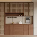 Modern Walnut Sideboard With Lattice Doors Lower Cabinets And Countertop Coffee Machine