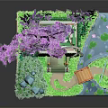 Cartoon Scenery With Purple Cherry Blossom Tree Green Traditional Building Red Bridge And Pond