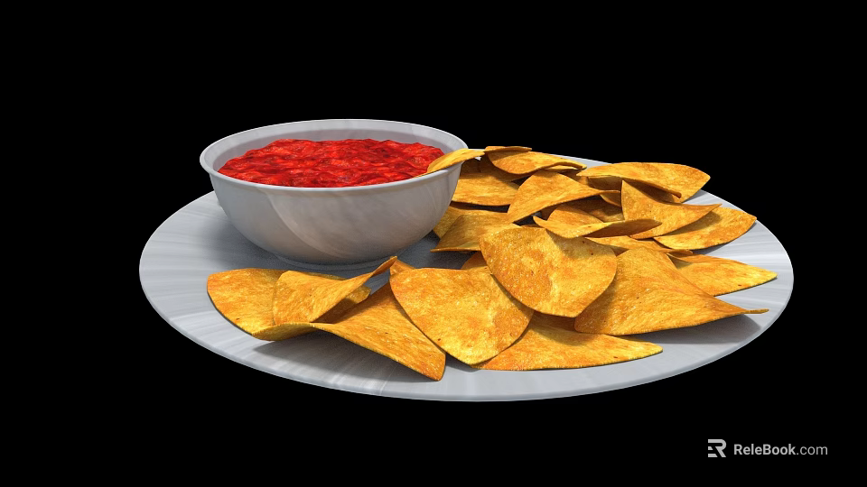 Crispy Tortilla Chips Served With Bowl Of Red Sauce On White Plate 3d model 