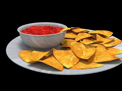 Crispy Tortilla Chips Served With Bowl Of Red Sauce On White Plate 3d model