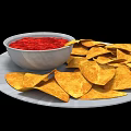 Crispy Tortilla Chips Served With Bowl Of Red Sauce On White Plate