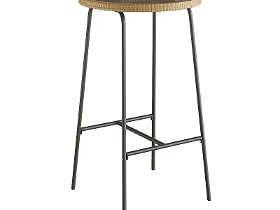 Stylish Modern Bar Stool With Woven Round Seat And Black Metal Support Legs 3d model
