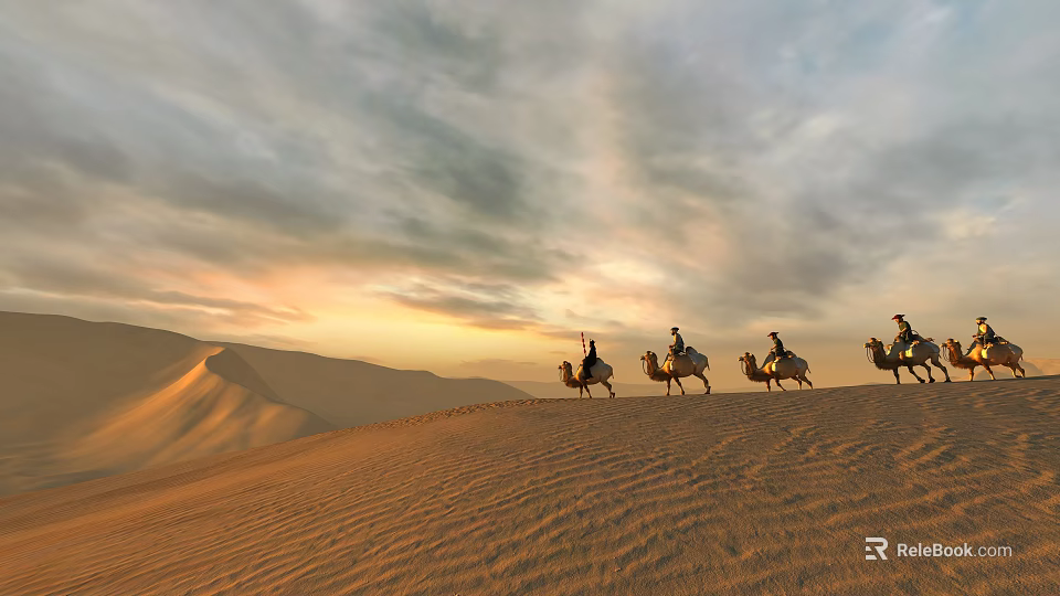 Ancient Caravan Camels Walking Across Desert Sand Dunes At Sunset Sky 3d model 