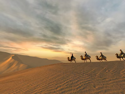 Ancient Caravan Camels Walking Across Desert Sand Dunes At Sunset Sky 3d model