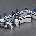 Modern Office Area With Multiple White Desks Blue Chairs And Computers 3d model