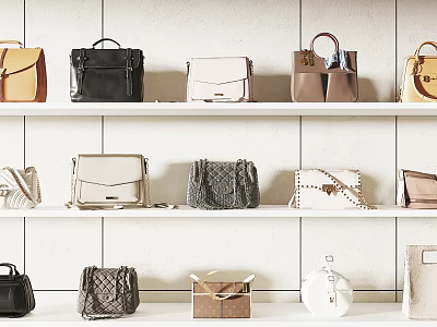 Various Stylish Bags In Different Colors Neatly Arranged On White Shelves 3d model