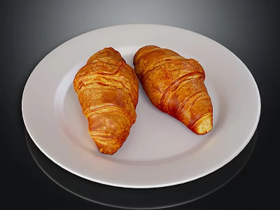 Golden Flaky Croissants Placed On A White Plate For Morning Meal 3d model