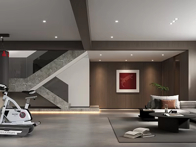Modern Basement With Spin Bike Sofa Coffee Table And Staircase 3d model