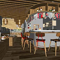 Cozy Restaurant Interior Featuring Wooden Ceiling Bar Counter High Stools Decorative Flags And Lanterns