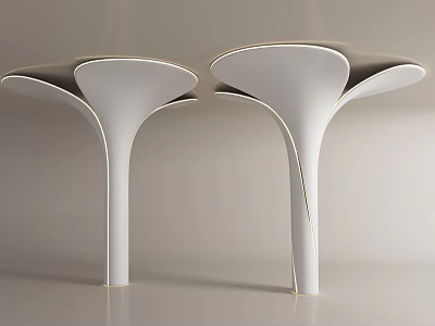 Two White Flower Shaped Floor Lamps with Slim Poles and Golden Lines in Light Background 3d model