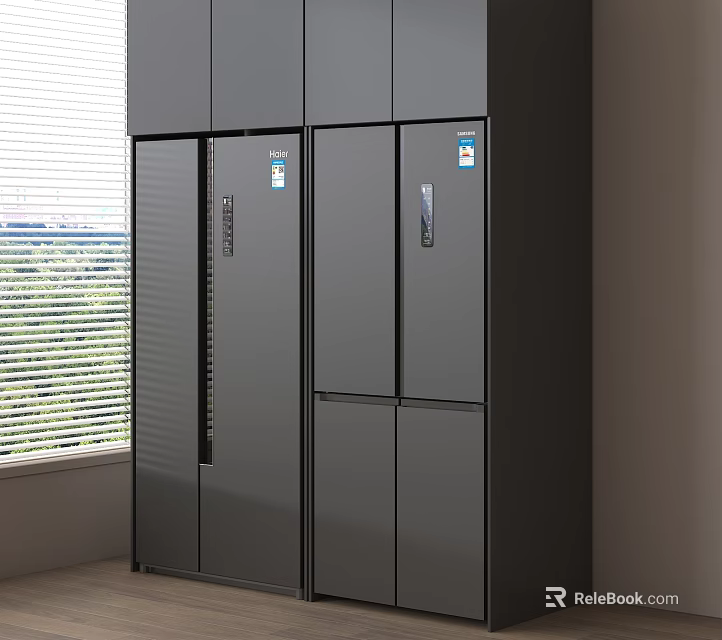 Modern Gray Double Door Refrigerator and Freezer in Kitchen with Window Blinds 3d model 