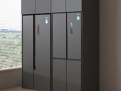 Modern Gray Double Door Refrigerator and Freezer in Kitchen with Window Blinds 3d model