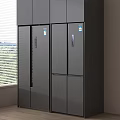 Modern Gray Double Door Refrigerator and Freezer in Kitchen with Window Blinds