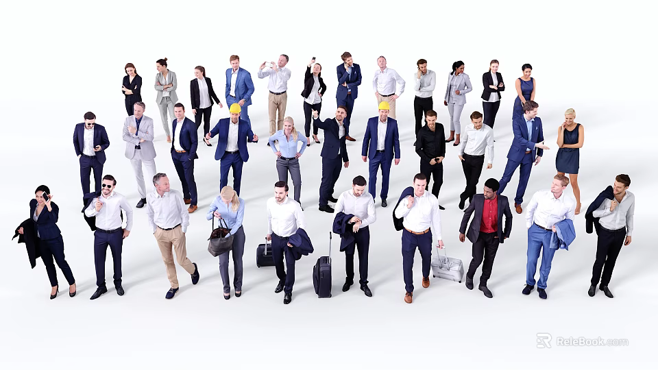 Group of diverse people in formal and casual attire standing together in open space 3d model 
