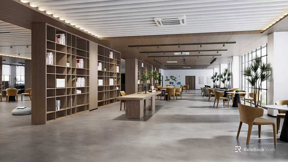 Book Art Themed Interior Design With Wooden Shelves And Chairs 3d model 