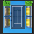 Blue Tennis Court With White Lines Yellow Seats Green Tree And Bench